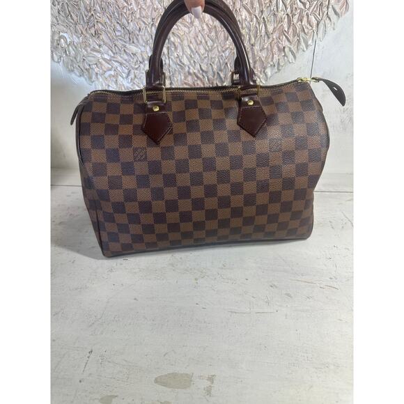 Louis Vuitton Damier Ebene Canvas Monogram Speedy 30 Tote Bag Brown - Picture 3 of 13